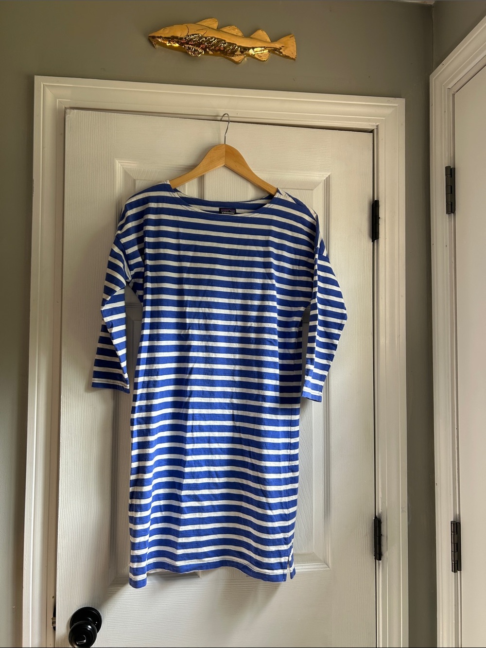 Patagonia Blue and White Striped Boatneck Mini Dress